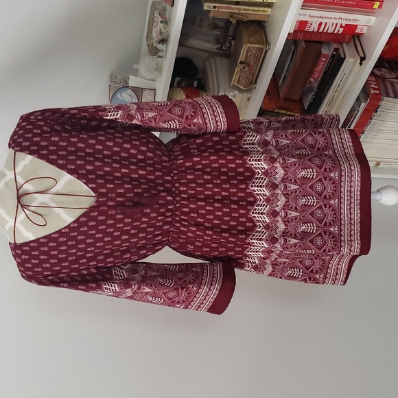 Wrap front, burgundy, 3/4 wide sleeve, elasticated waist boho mini dress - Picture 3 of 4